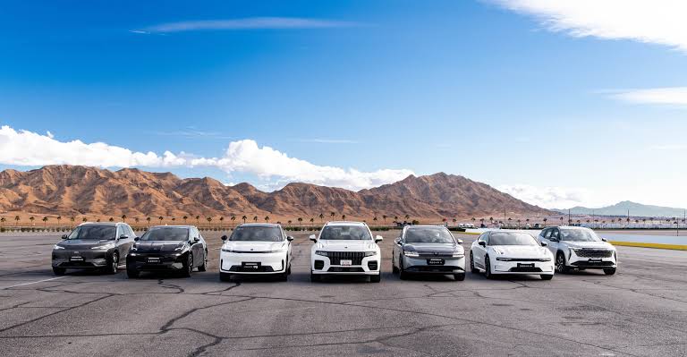 A lineup of cars against a mountain backdrop in China
